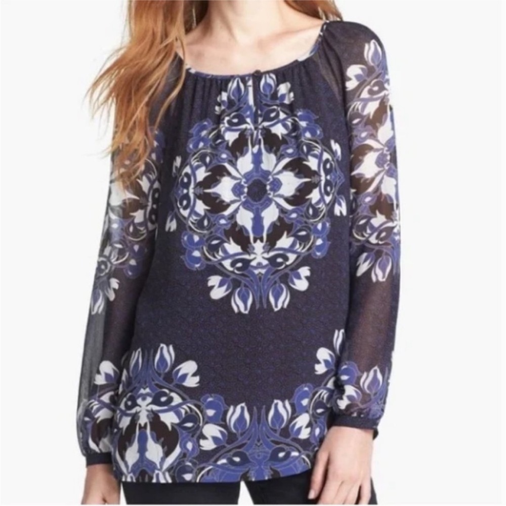 Tory Burch‎ Lisa Silk Blouse Pattern Keyhole Long Sleeve Size 4